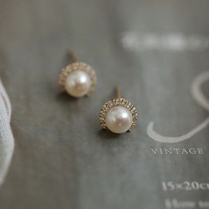 Gold Plated Pearl Earring Studs with Crystal Details